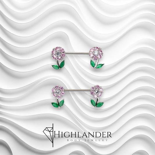 Pink CZ Petal Flower with Green CZ Leaves Nipple Barbells