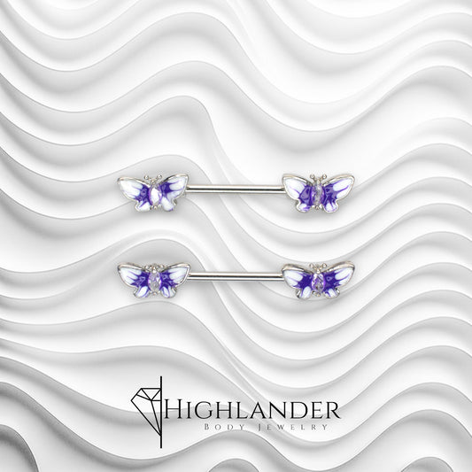 Purple and White Enamel Butterflies with Clear CZ Nipple Barbells