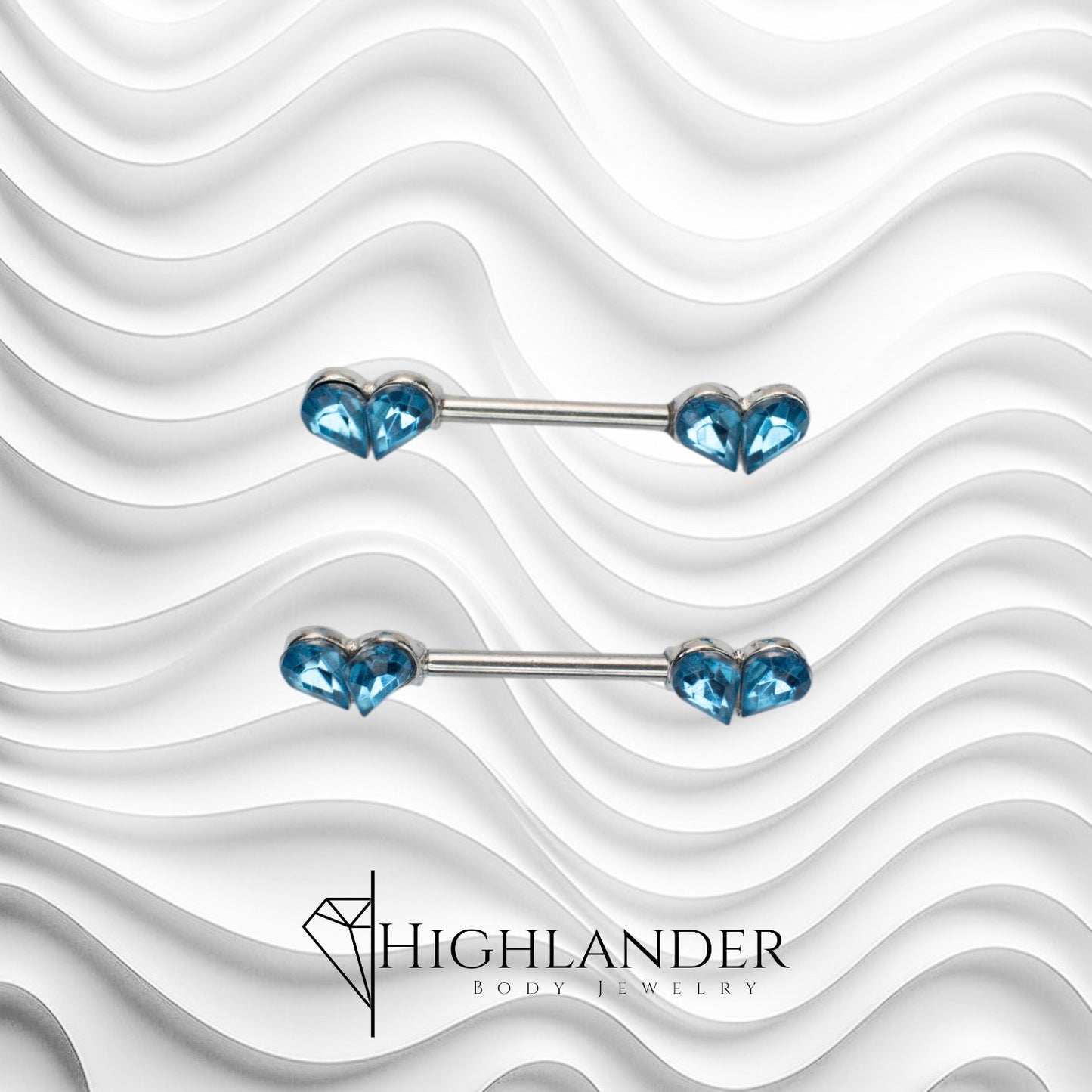 Aqua CZ Hearts Nipple Barbells