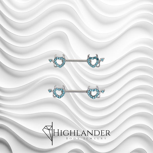 Aqua CZ Paved Heart with Devil Tail Nipple Barbells