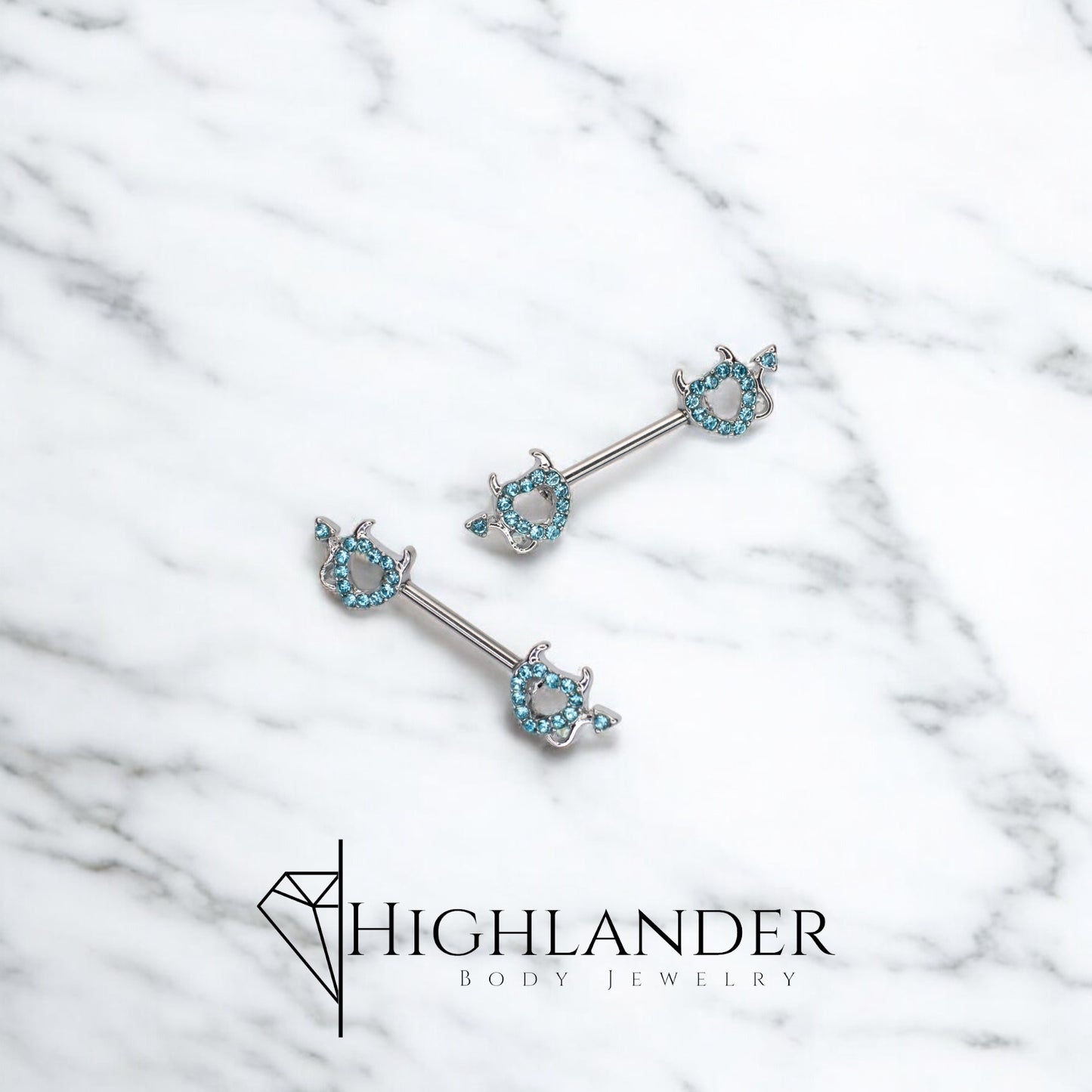 Aqua CZ Paved Heart with Devil Tail Nipple Barbells