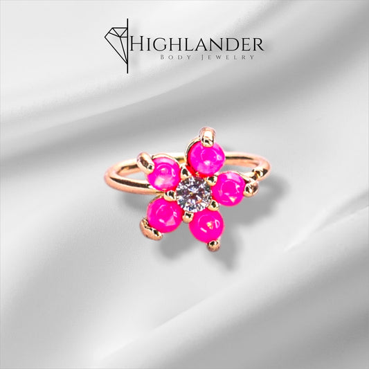 Rose Gold Pink Opal Flower with Clear CZ Center Nose Hoop