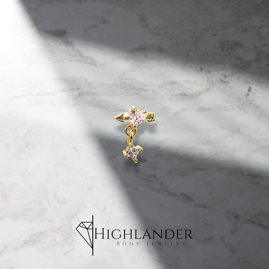 Gold Clear CZ Heart with Arrow Dangle Nose Stud