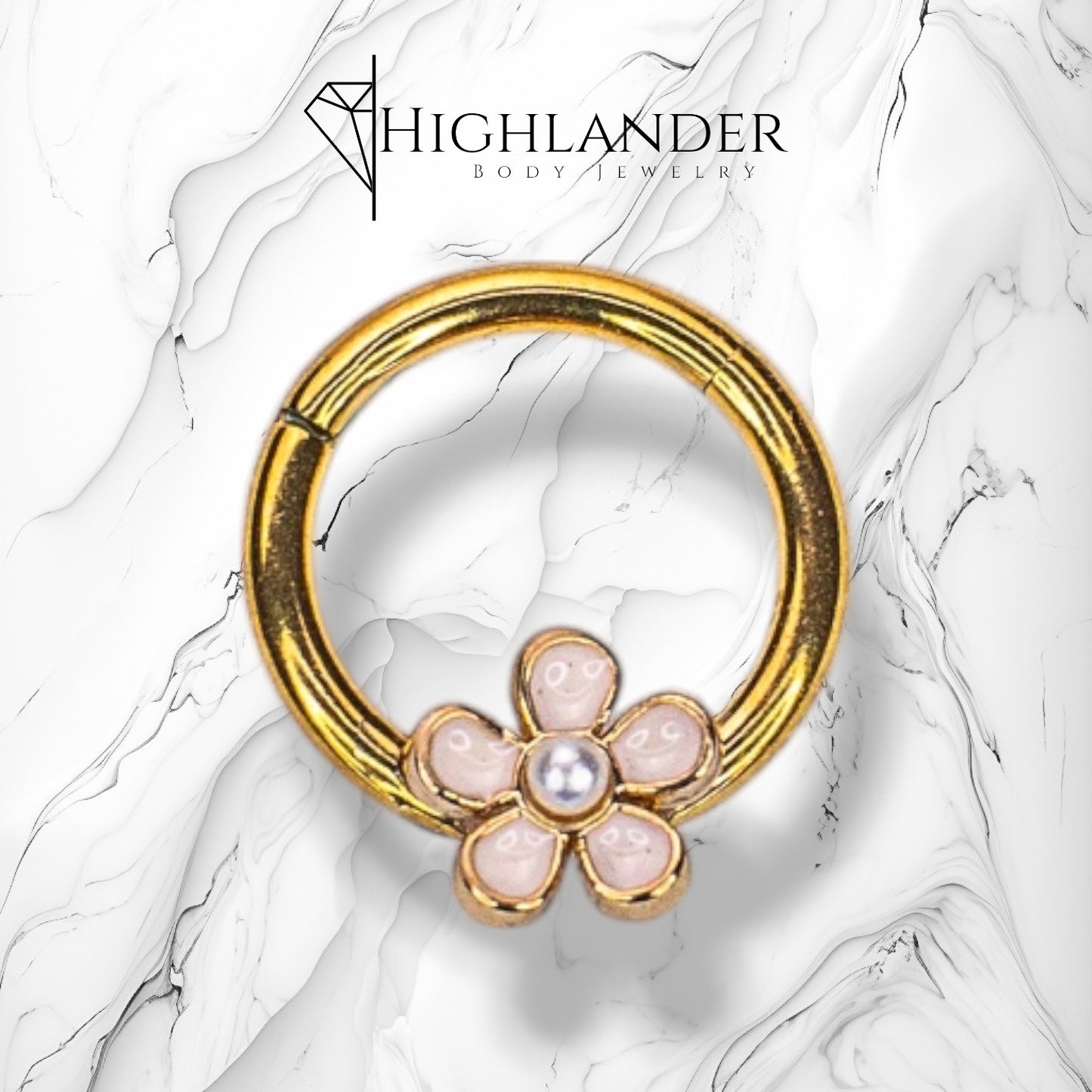 Gold White Enamel Flower with Clear CZ Septum Clicker Ring