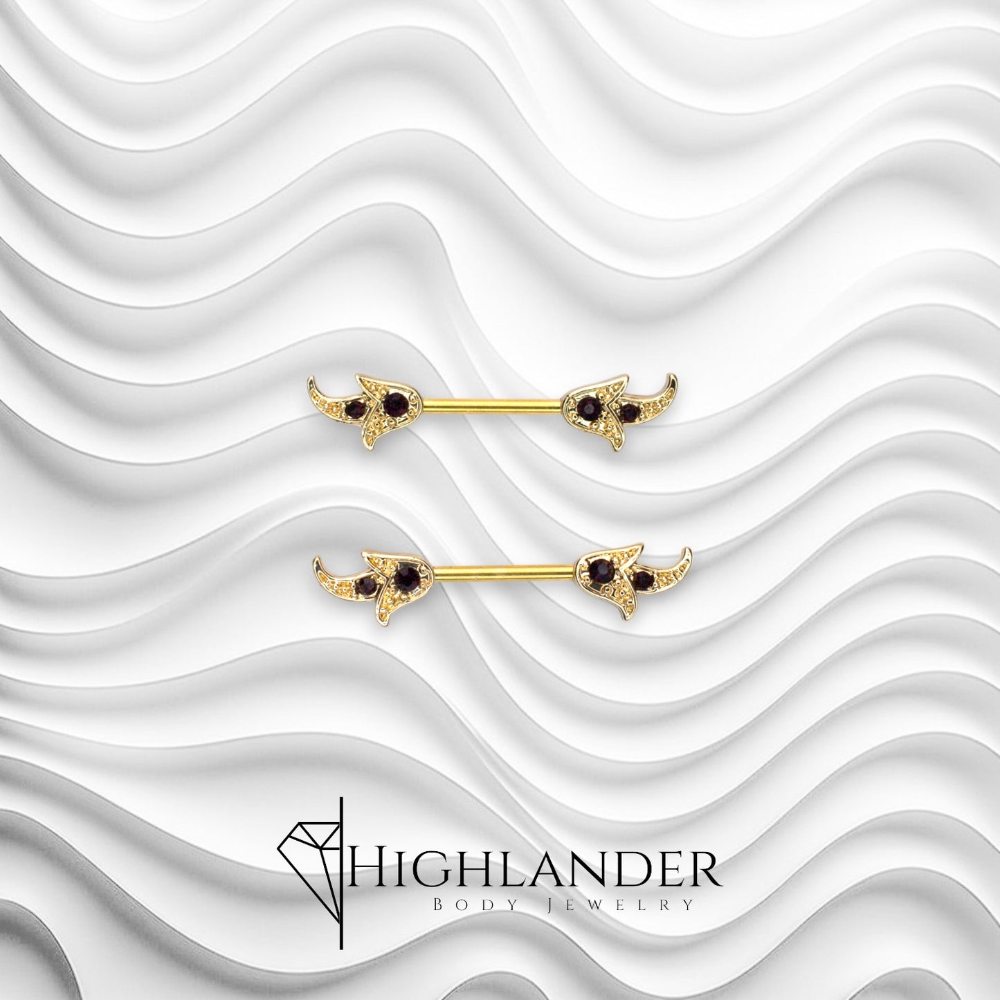 Gold Flourish with Dark Purple CZ Nipple Barbells