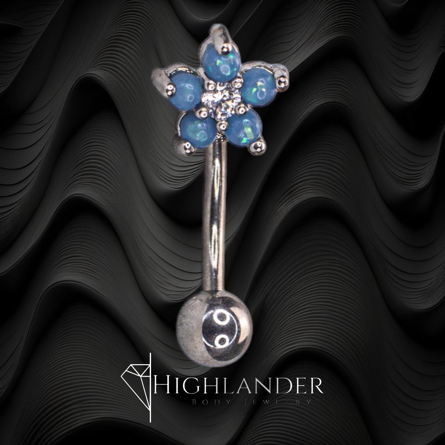 Blue Opal Flower with Clear CZ Center Eyebrow Curved Barbell