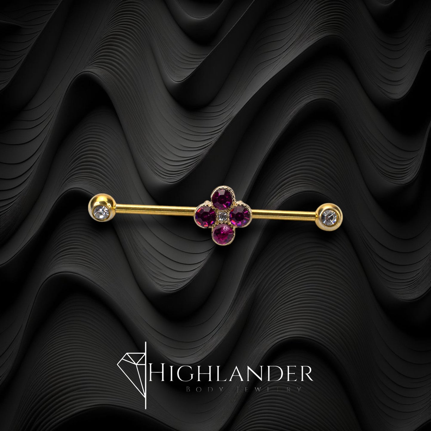 Gold Clear CZ Front Facing Ends with Four Dark Pink CZ Flower Industrial Barbells