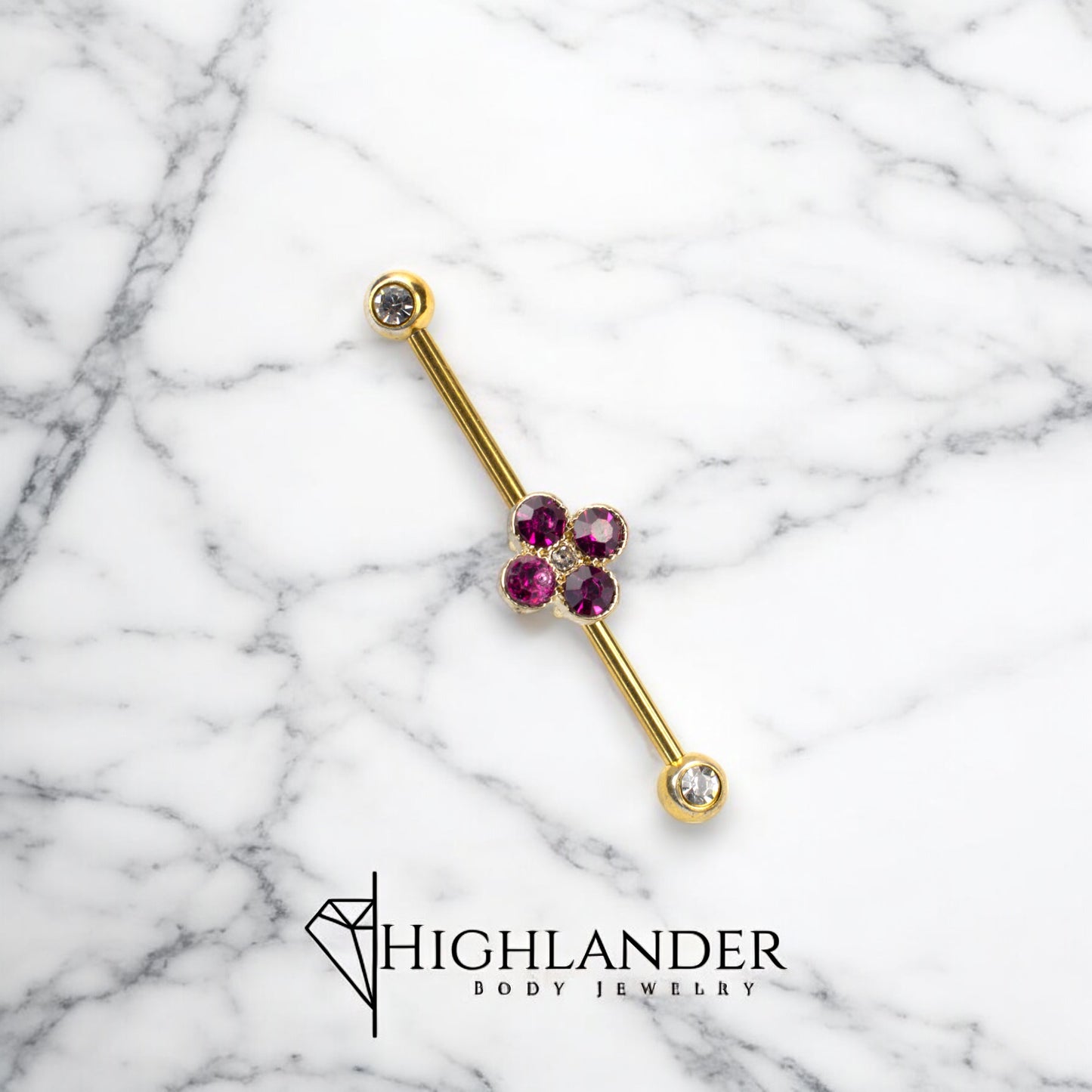 Gold Clear CZ Front Facing Ends with Four Dark Pink CZ Flower Industrial Barbells