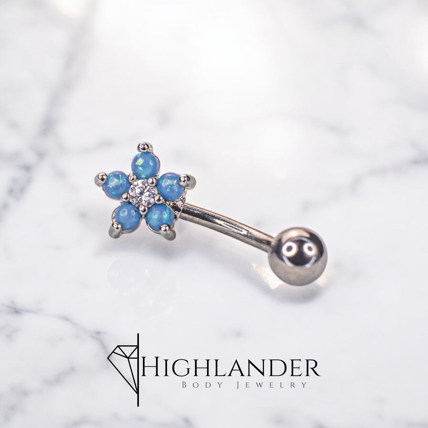 Blue Opal Flower with Clear CZ Center Eyebrow Curved Barbell