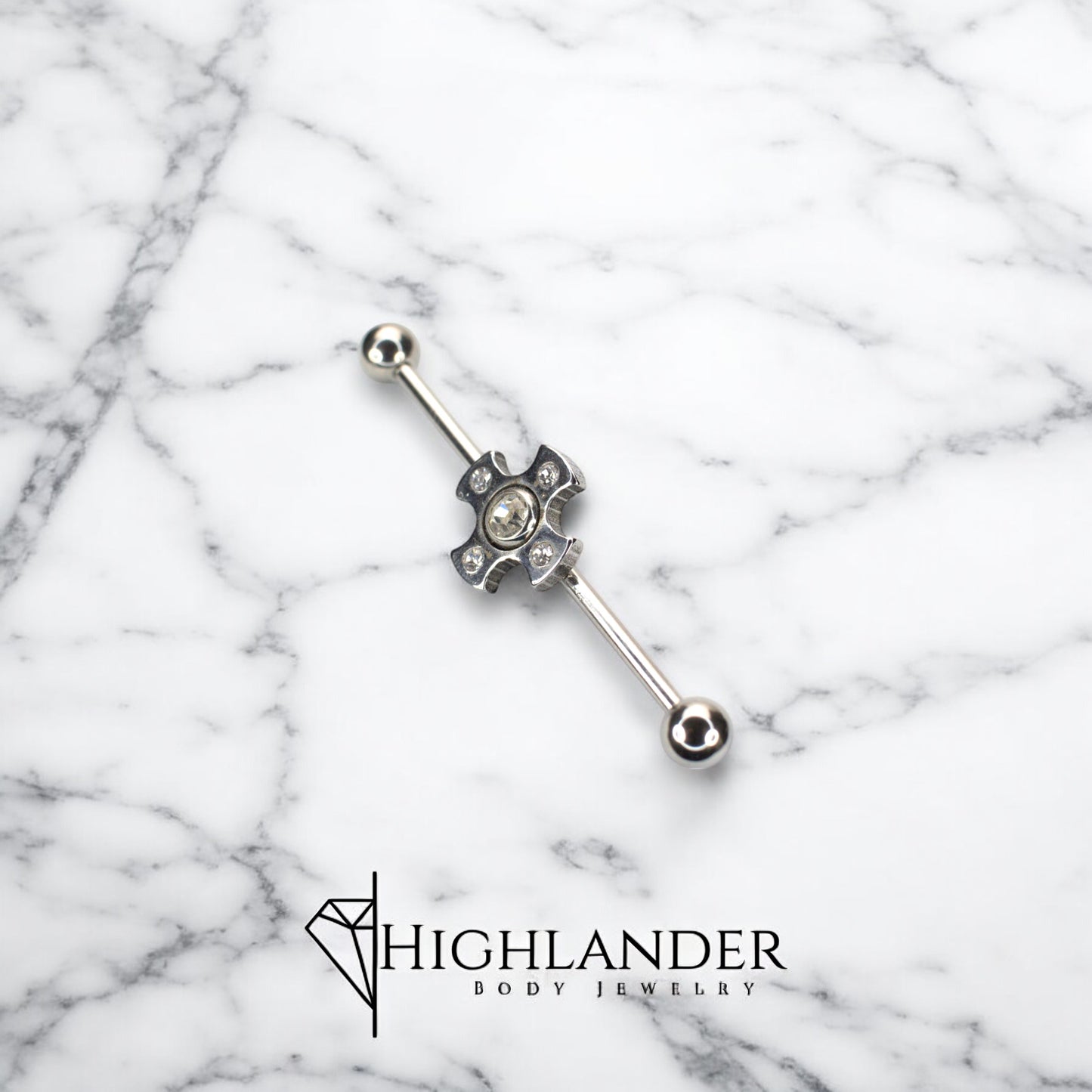 Iron Cross with Clear CZ Center Industrial Barbell