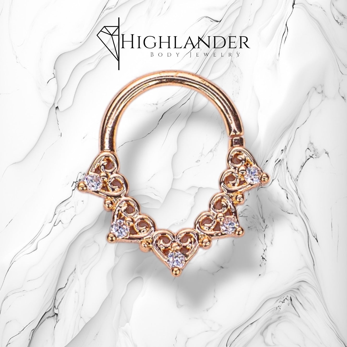 Rose Gold Heart Filigree with Clear CZ Bendable Septum Ring