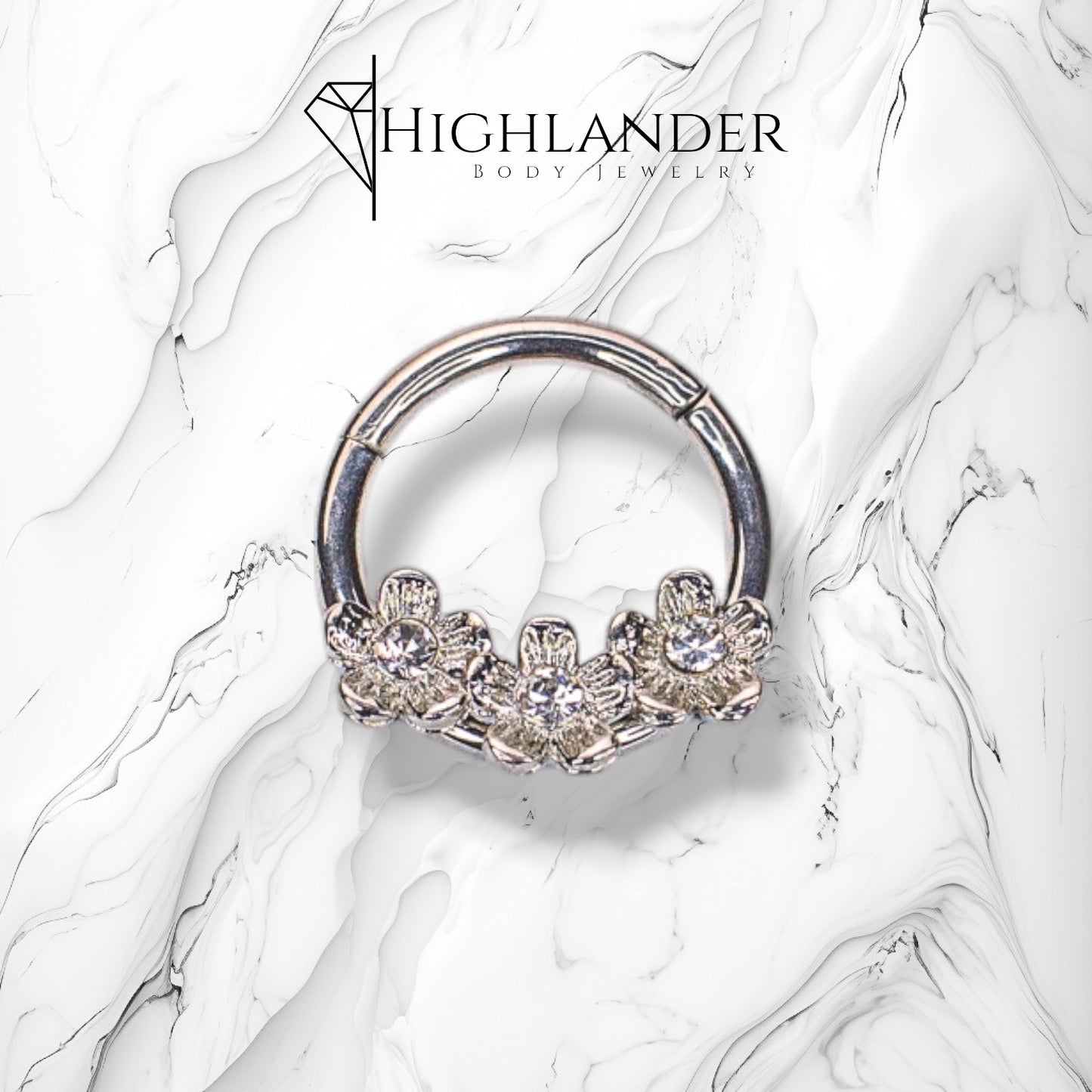 Triple Clear CZ Centered Flower Septum Clicker Ring