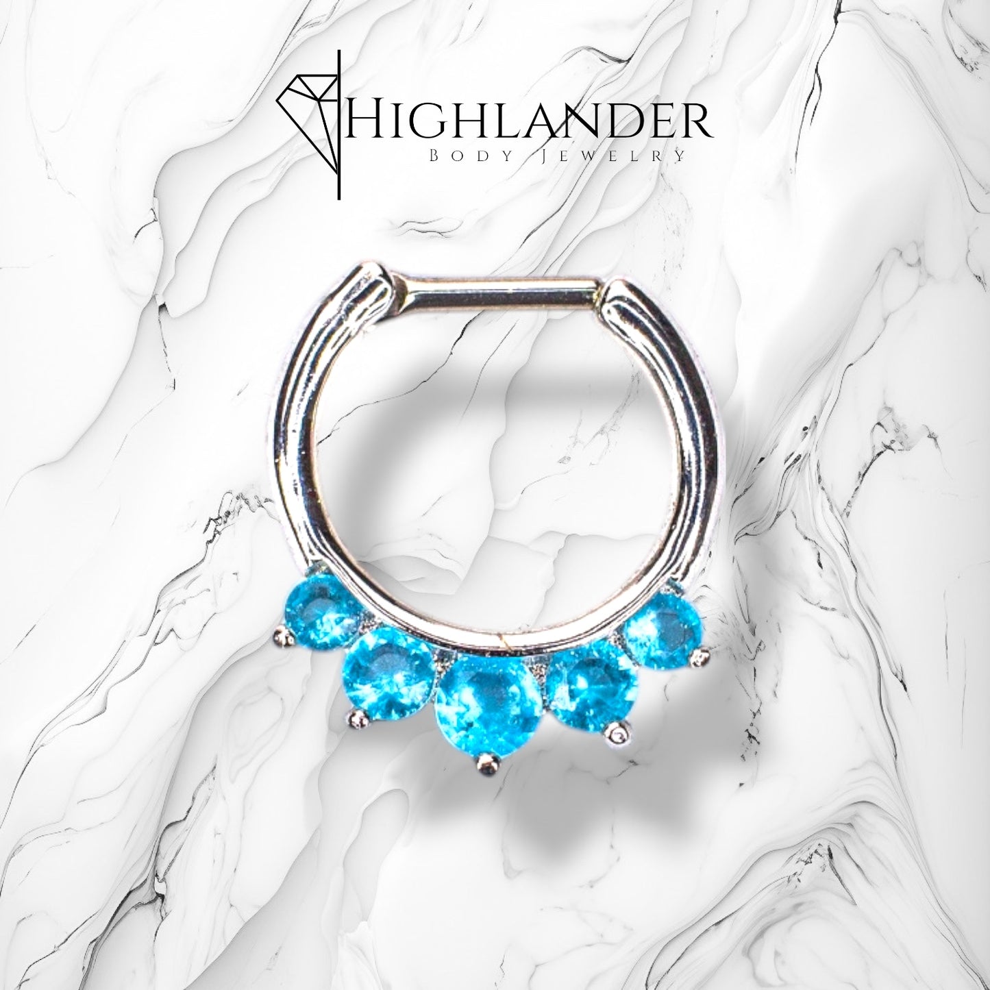 Five Prong Set Aqua CZ Septum Clicker Ring