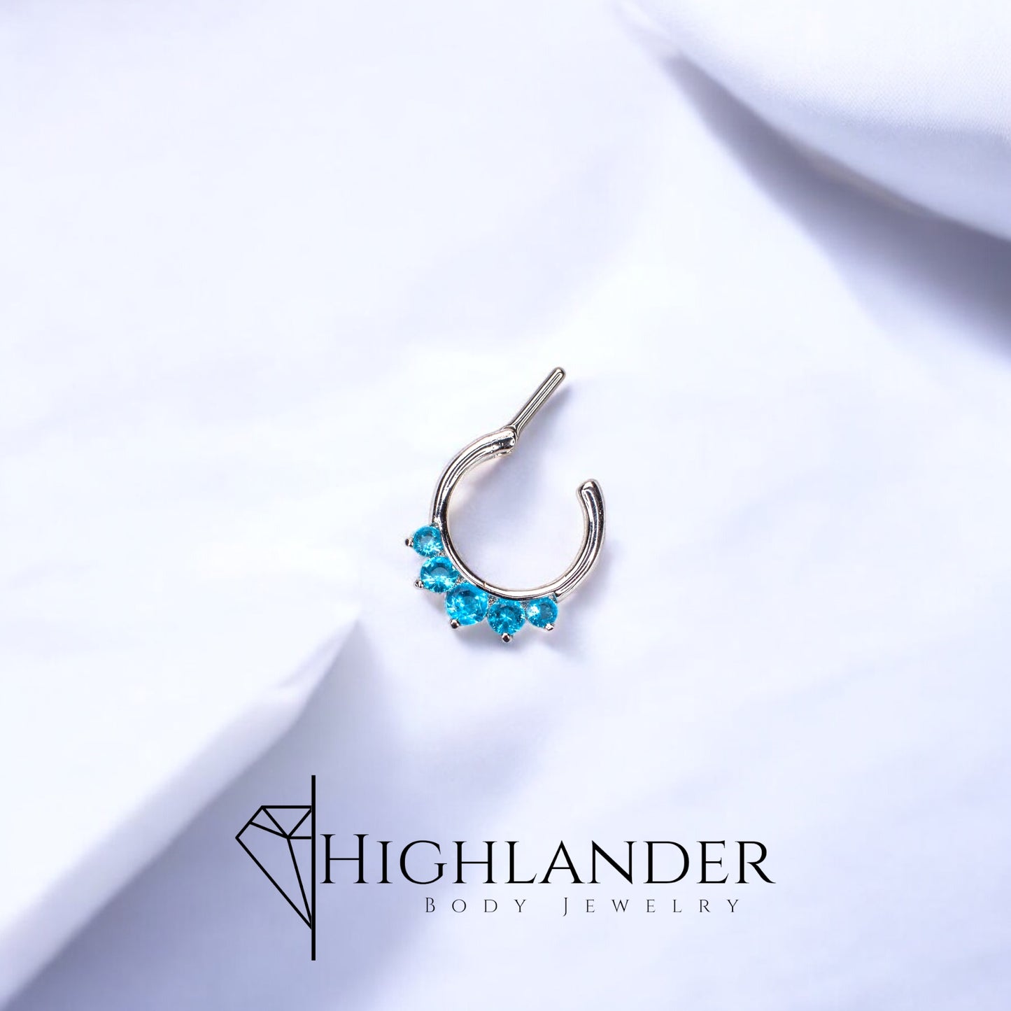 Five Prong Set Aqua CZ Septum Clicker Ring