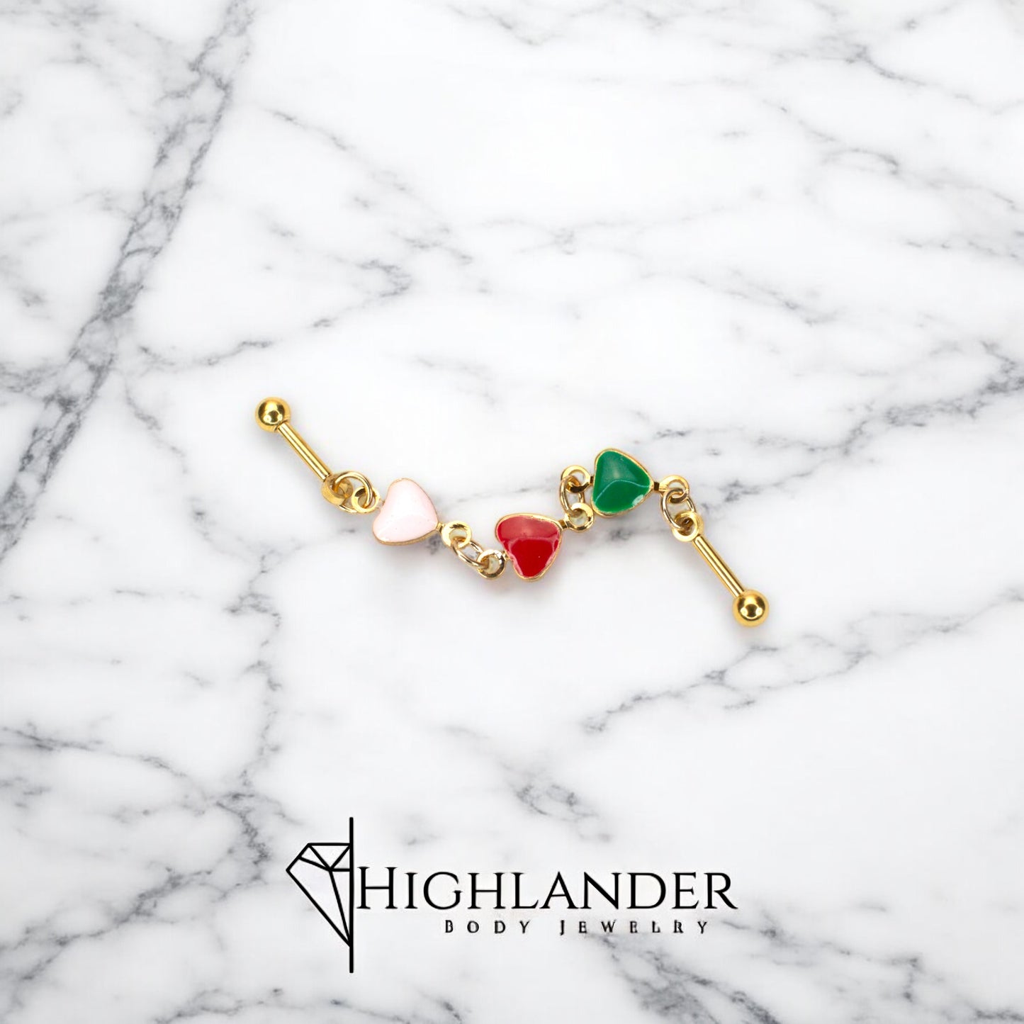 Gold IP Pink, Red and Green Enamel Hearts Industrial