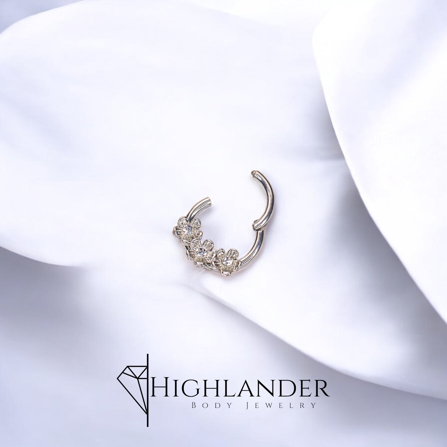 Triple Clear CZ Centered Flower Septum Clicker Ring