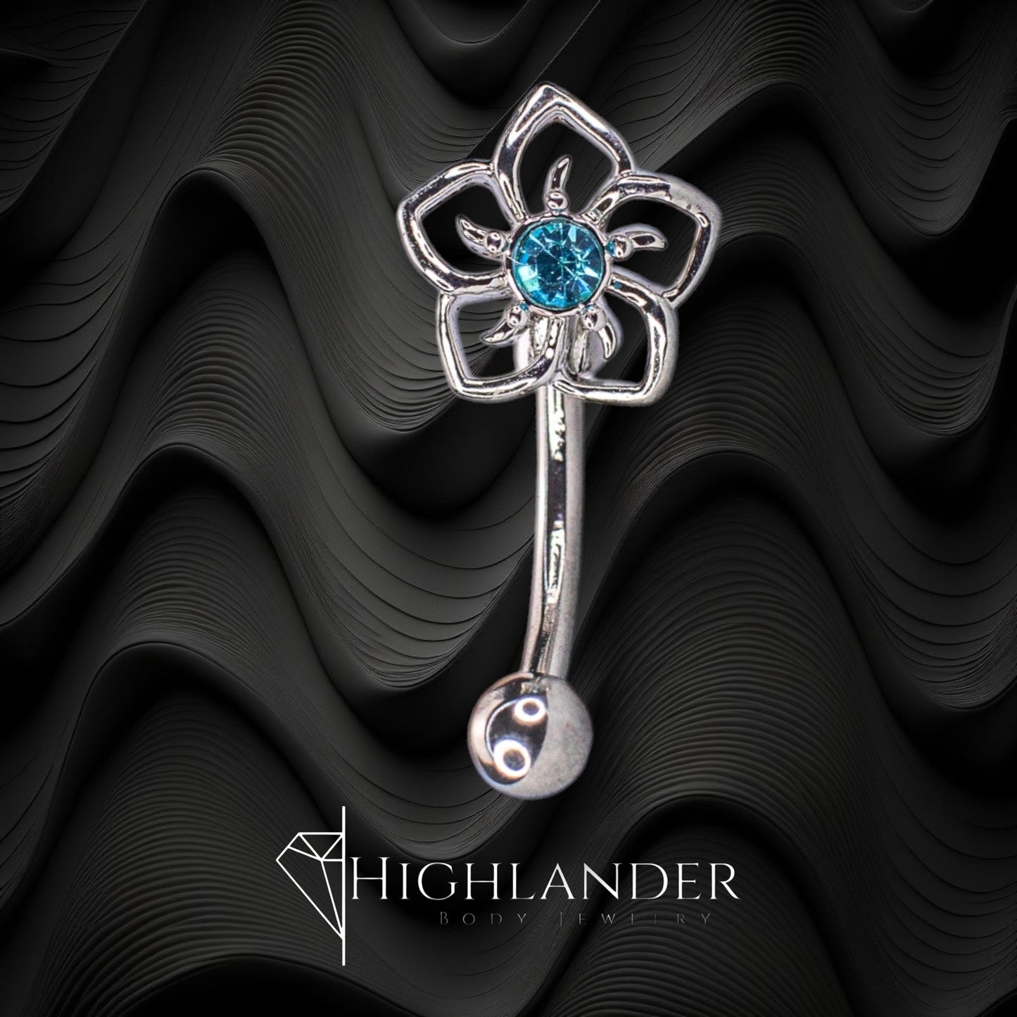 Filigree Flower with Aqua CZ Center Eyebrow Curved Barbell