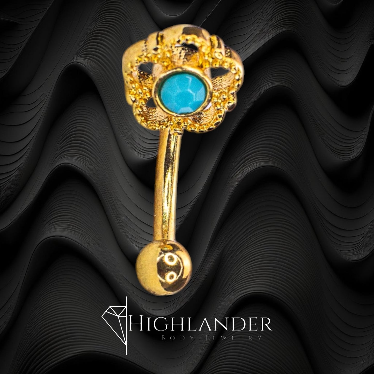 Gold Filigree Flower with Turquoise Center Eyebrow Curved Barbell