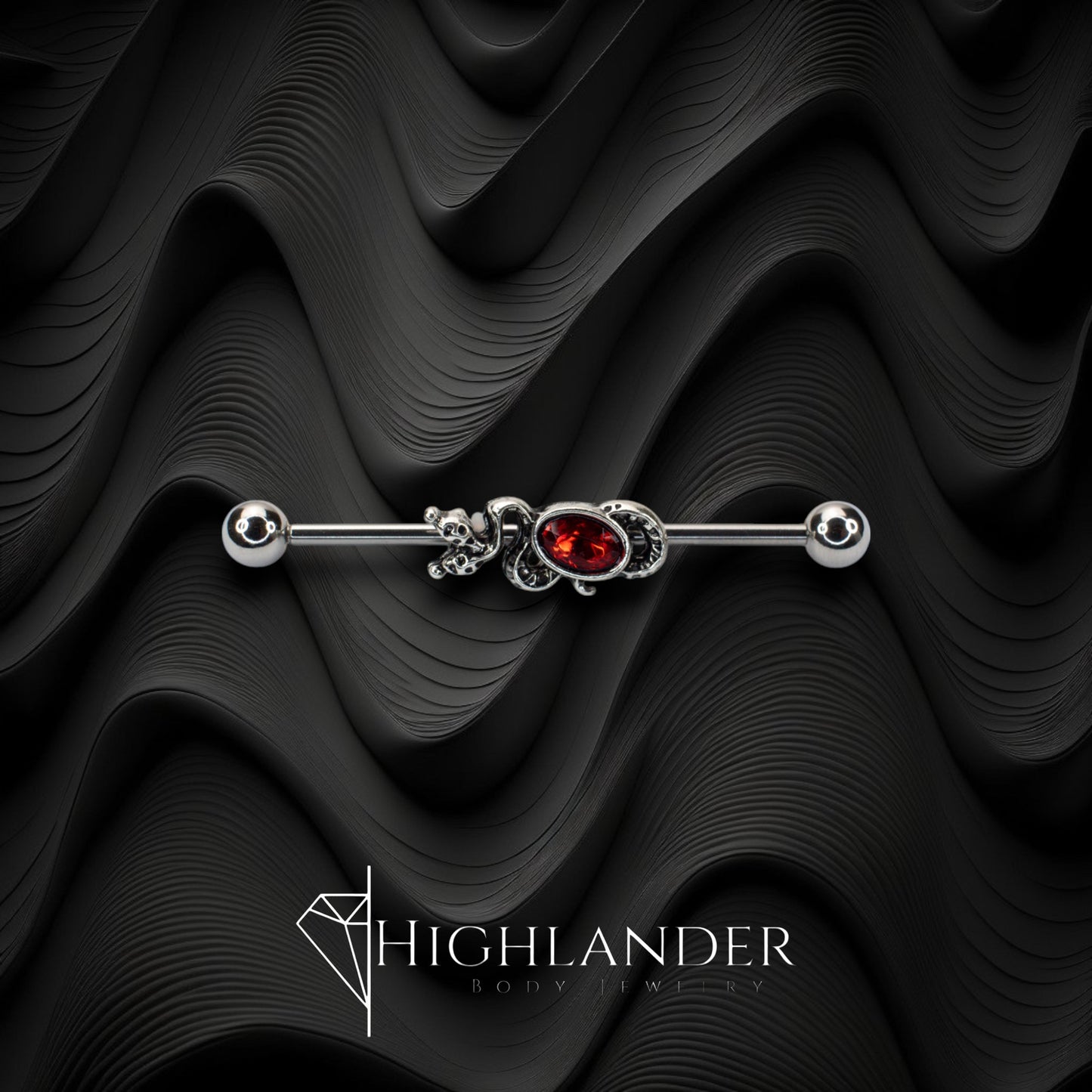 Intertwined Snakes with Red CZ Oval Industrial Barbell