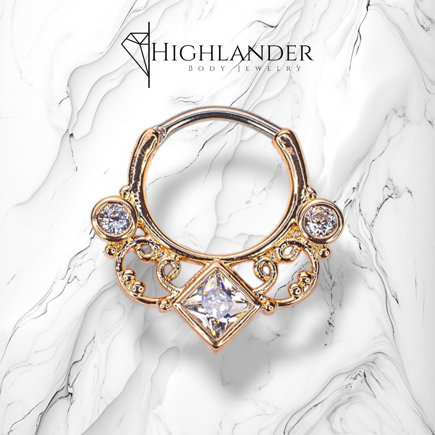 Rose Gold Lace Swirl with Square Clear CZ Septum Clicker Ring