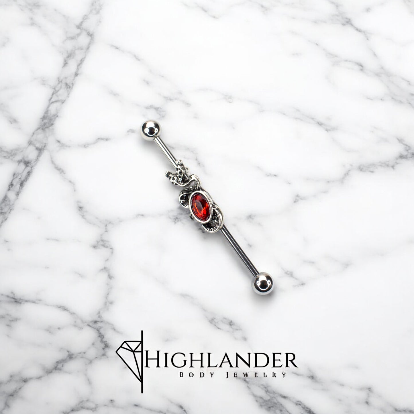 Intertwined Snakes with Red CZ Oval Industrial Barbell