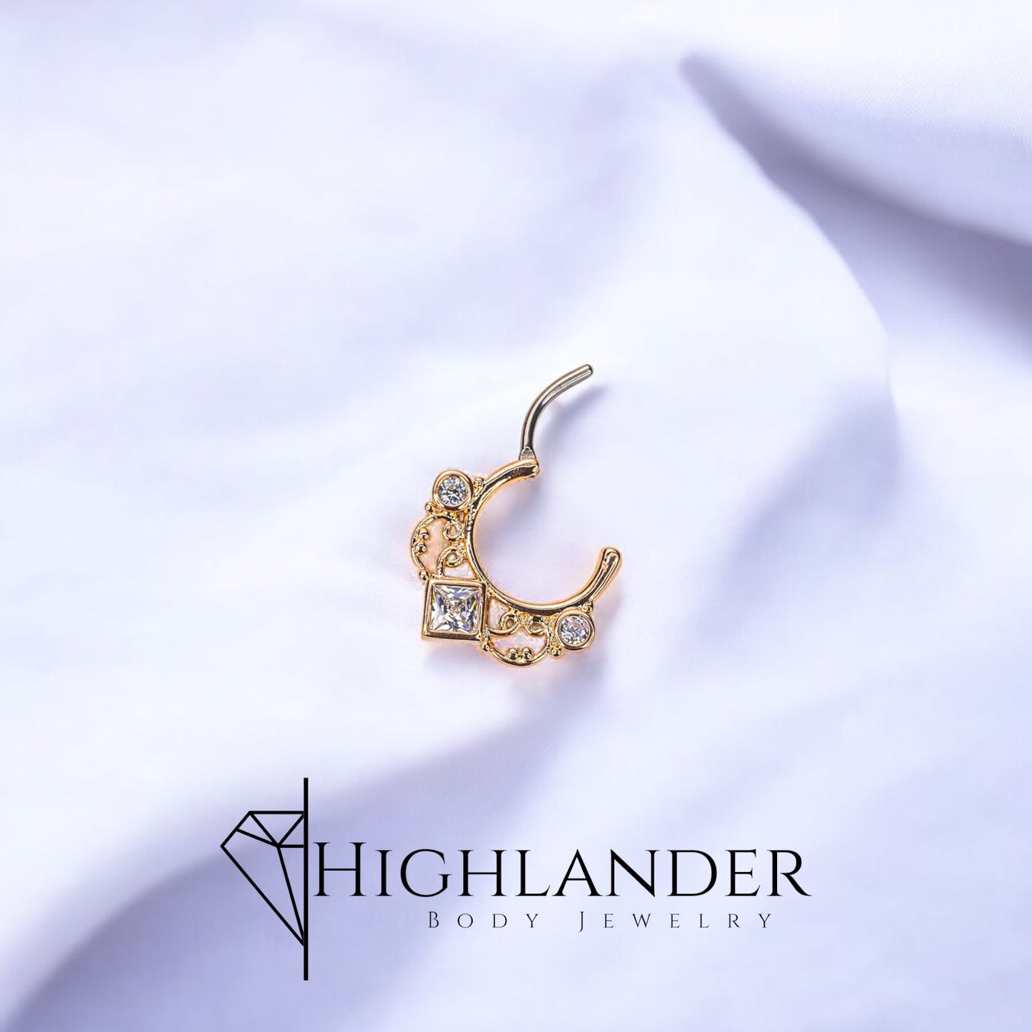 Rose Gold Lace Swirl with Square Clear CZ Septum Clicker Ring