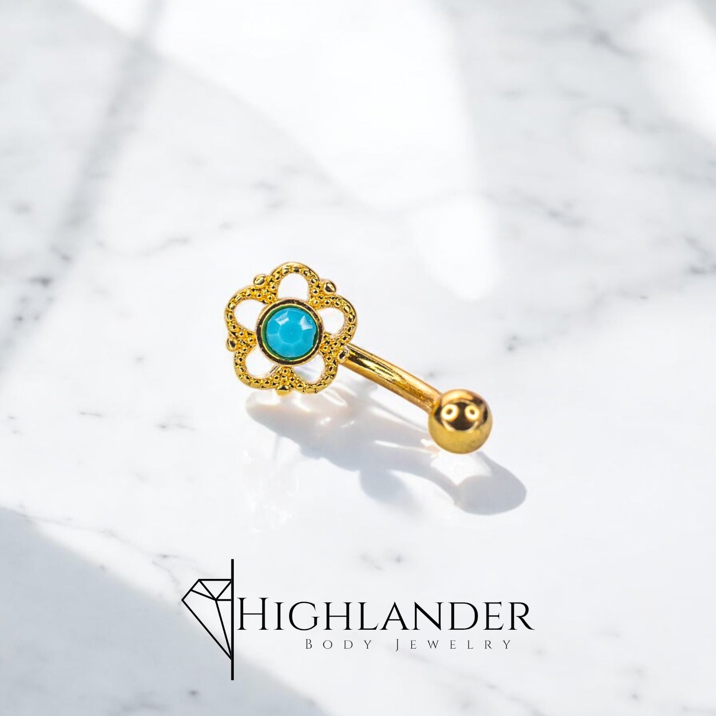 Gold Filigree Flower with Turquoise Center Eyebrow Curved Barbell