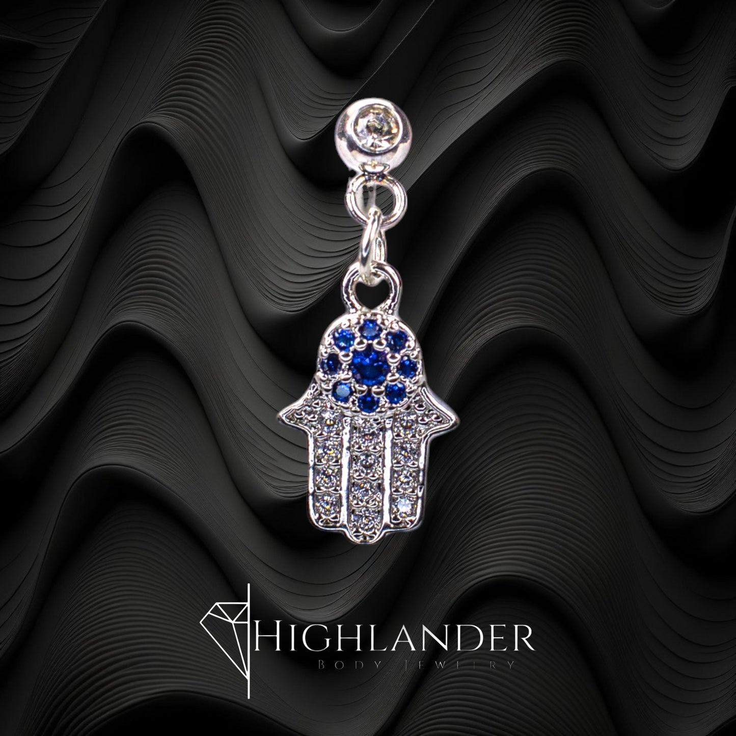 Clear CZ with Sapphire CZ Paved Hamsa Dangle Eyebrow Curved Eyebrow