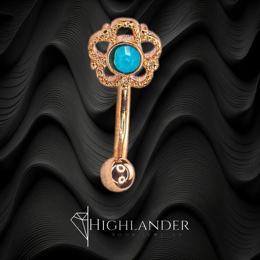 Rose Gold Filigree Flower with Turquoise Center Eyebrow Curved Barbell