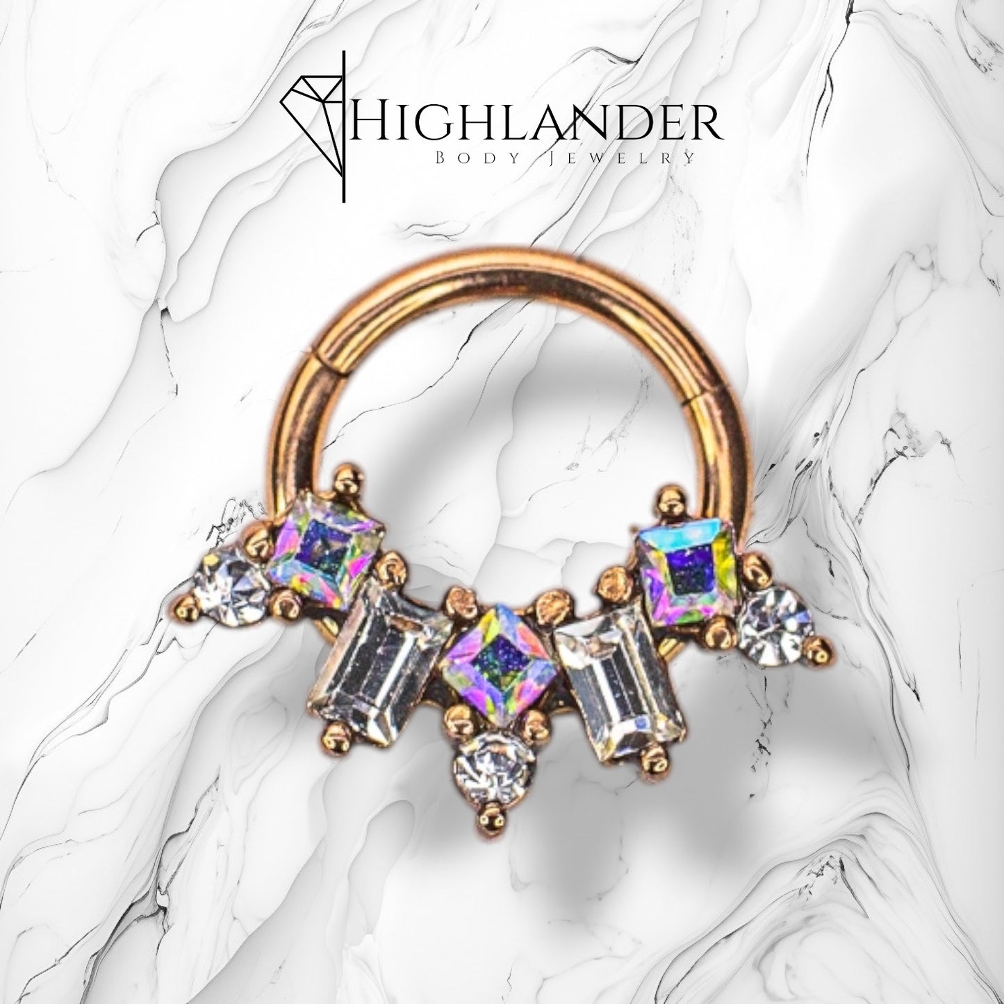 Rose Gold Multi Aurora Borealis and Clear CZ Septum Clicker Ring