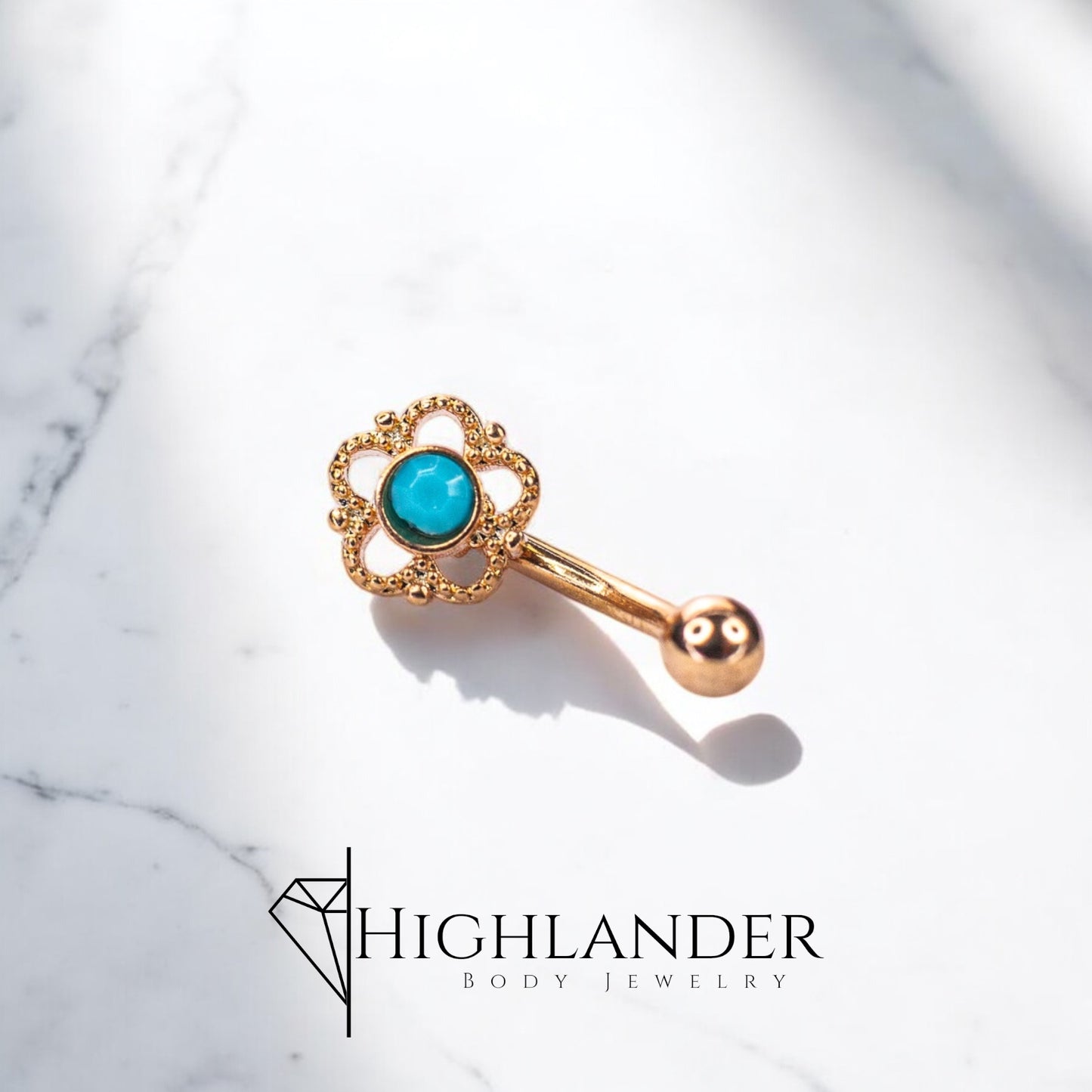 Rose Gold Filigree Flower with Turquoise Center Eyebrow Curved Barbell