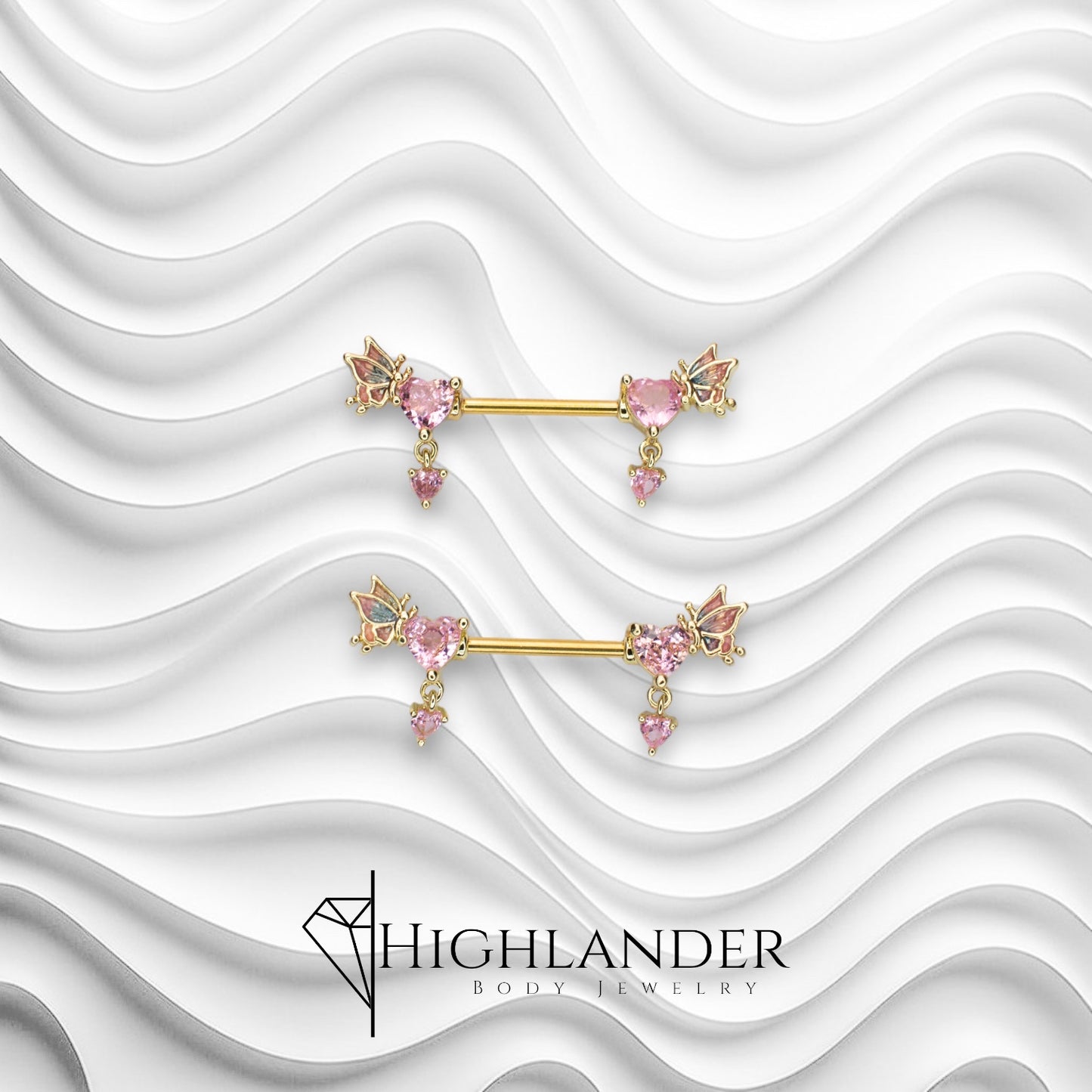 Gold Pink Heart  with Ombre Enamel Butterflies Nipple Barbells