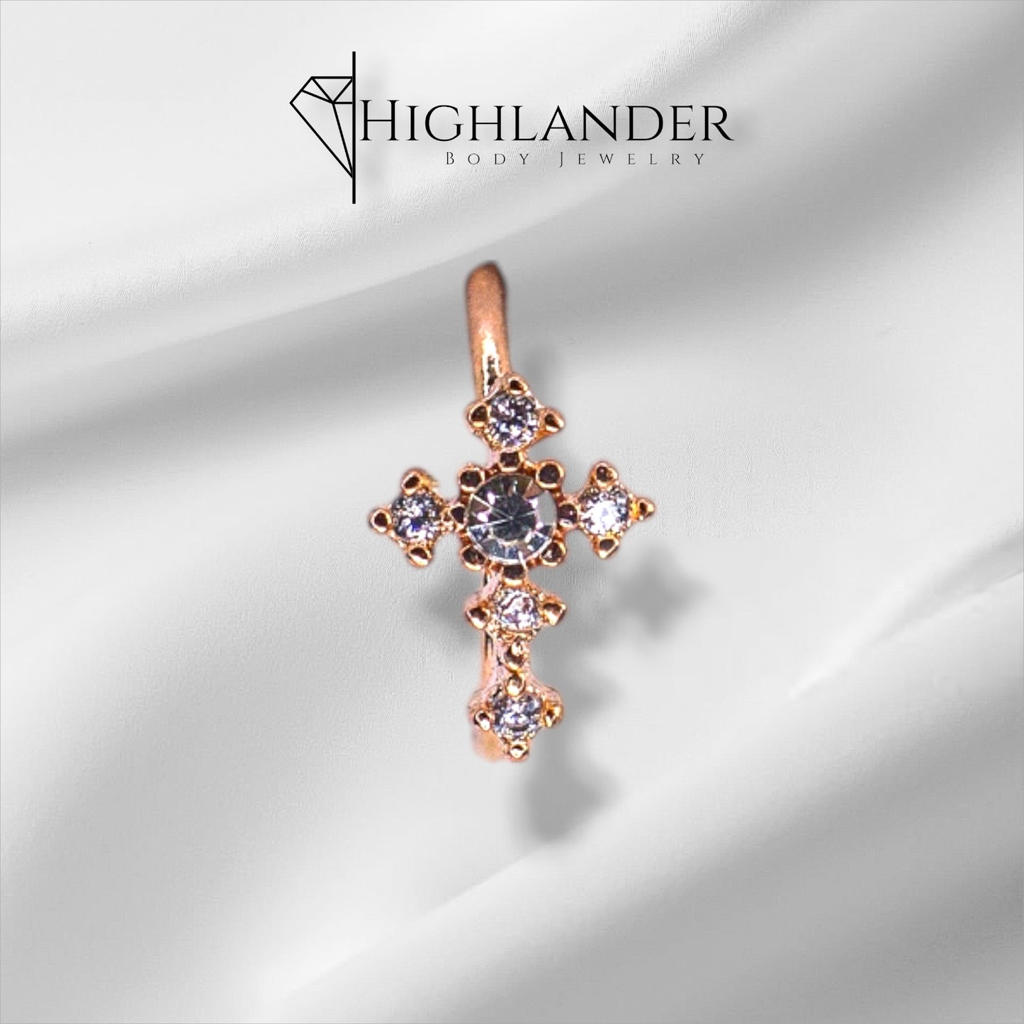 Rose Gold Clear CZ Cross Nose Hoop