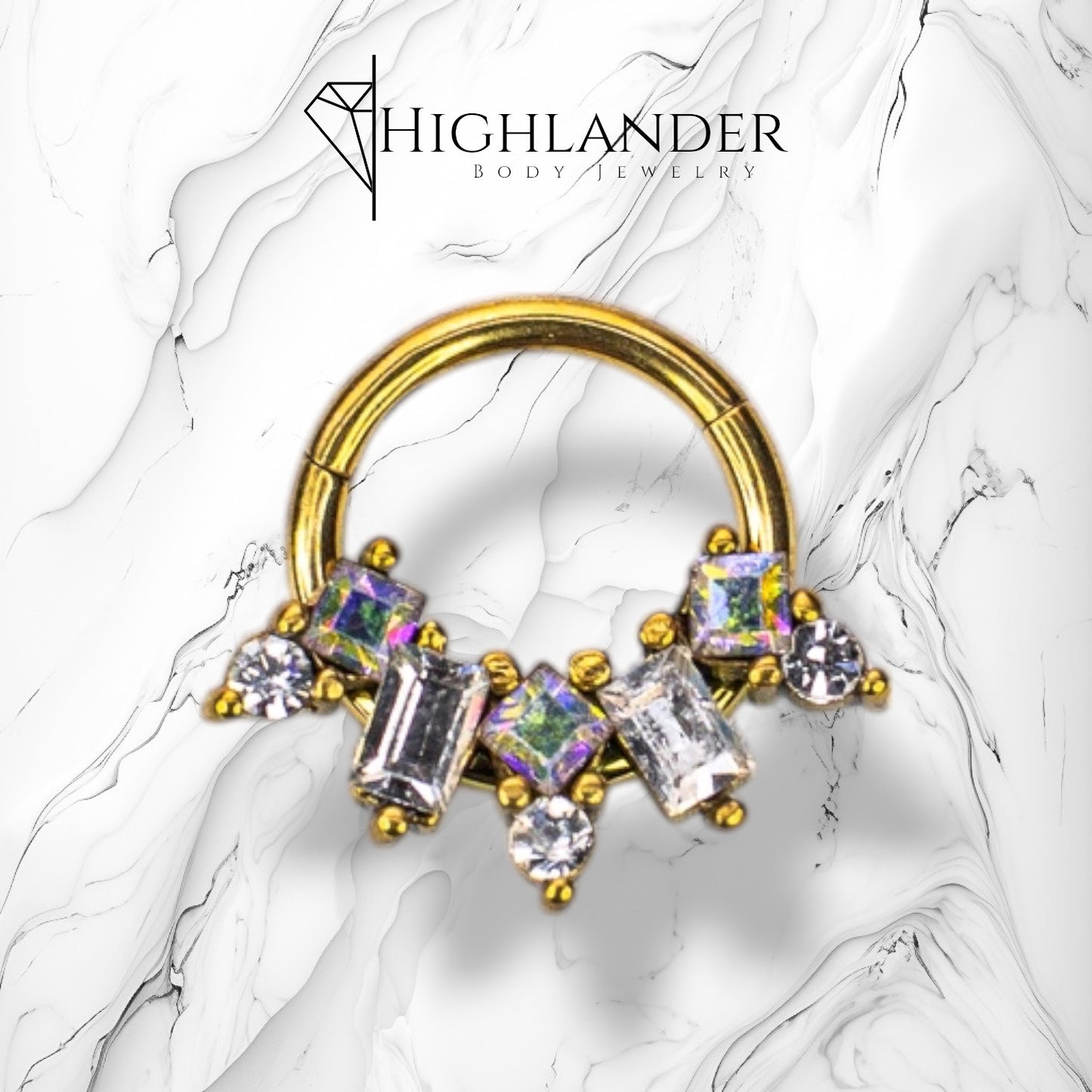 Gold Multi Aurora Borealis and Clear CZ Septum Clicker Ring