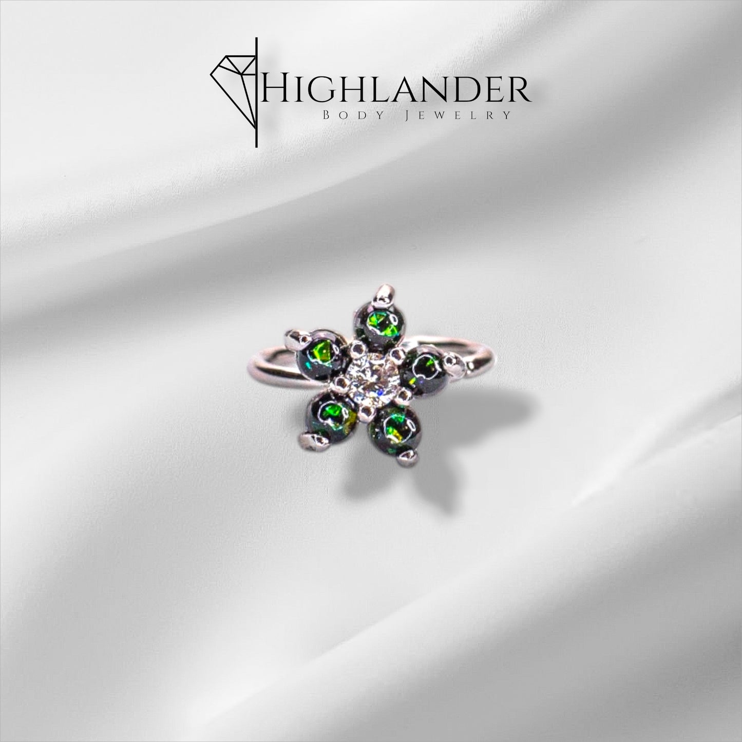 Dark Green Opal Flower with Clear CZ Center Nose Hoop