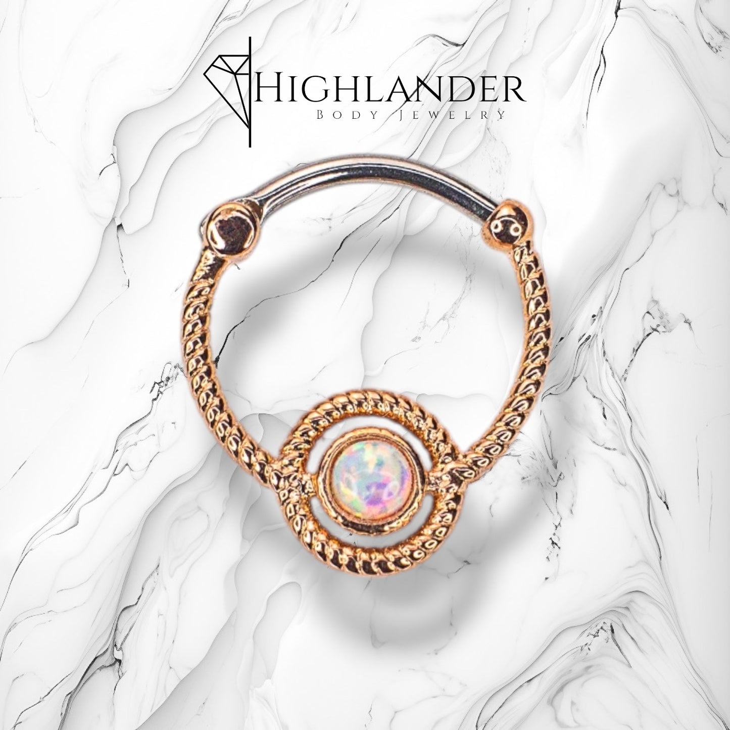 Rose Gold Roped Centered White Opal Septum Clicker Ring