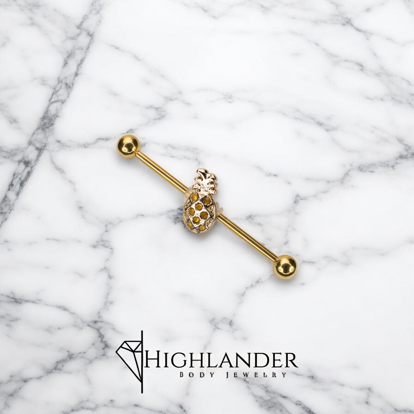 Gold IP Pineapple with Yellow CZ Industrial Barbell