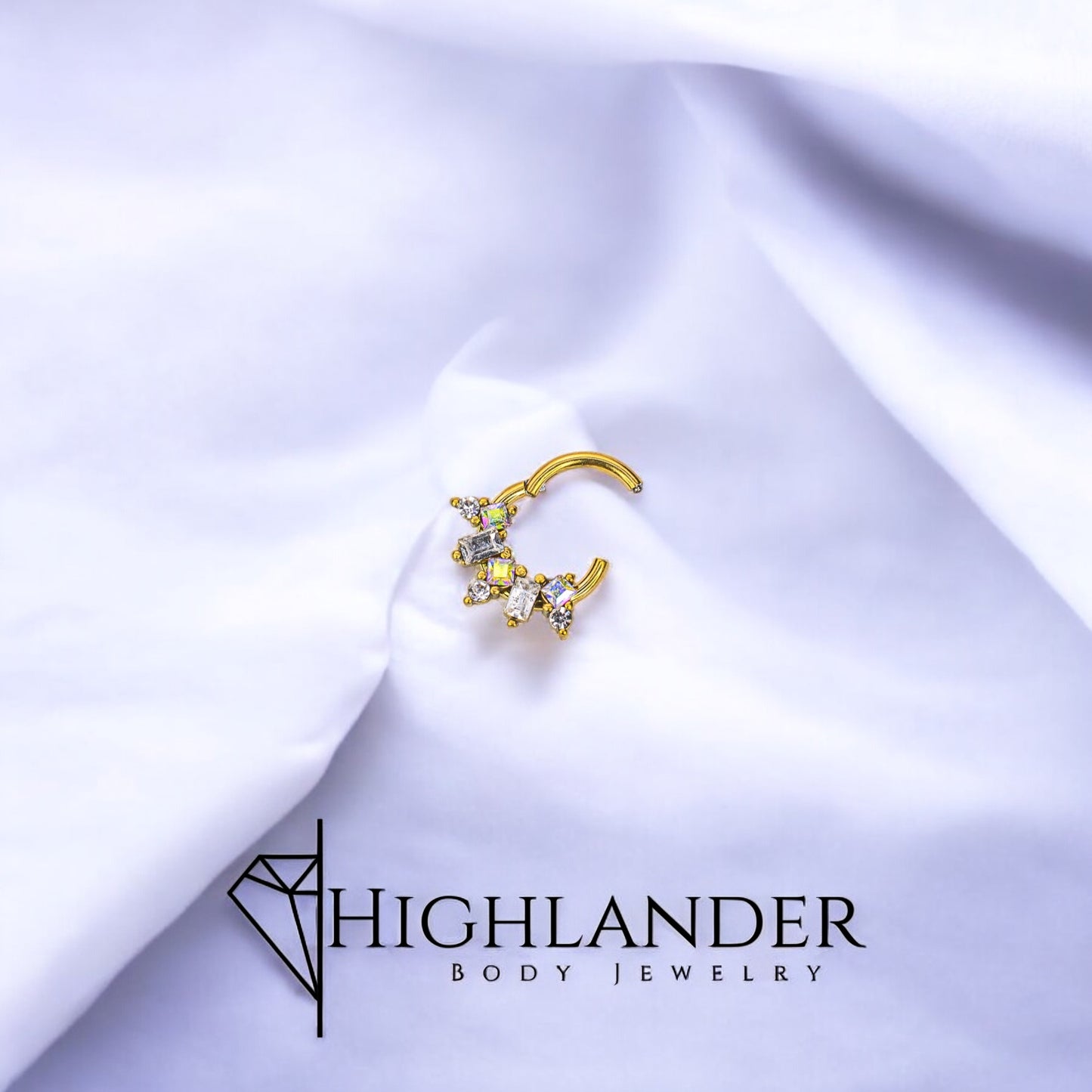 Gold Multi Aurora Borealis and Clear CZ Septum Clicker Ring