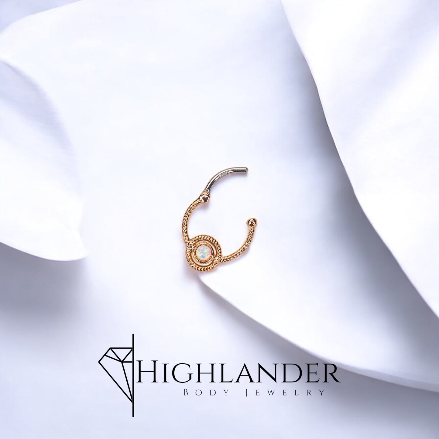 Rose Gold Roped Centered White Opal Septum Clicker Ring