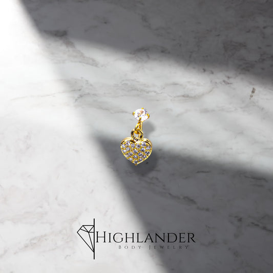 Gold Clear CZ Paved Heart Dangle Nose Stud