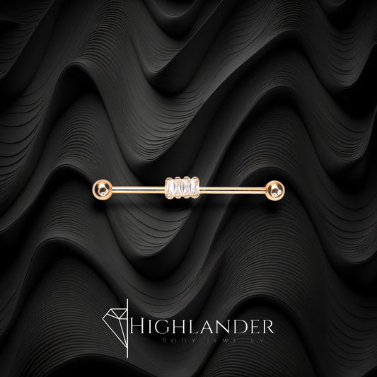 Rose Gold IP Four Baguette Cut Clear CZ Industrial Barbell