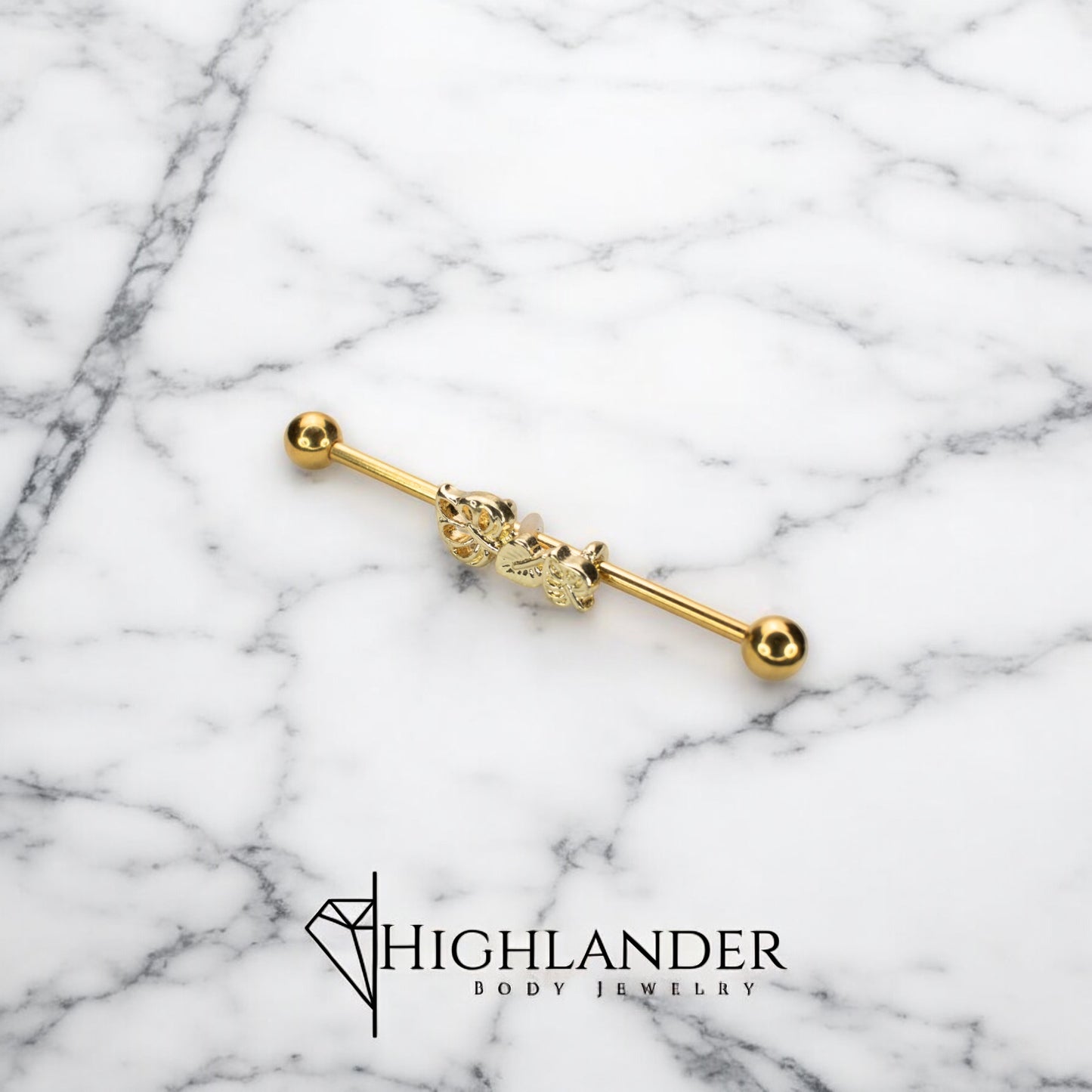 Gold IP Monstera Leaf Cluster Industrial Barbell