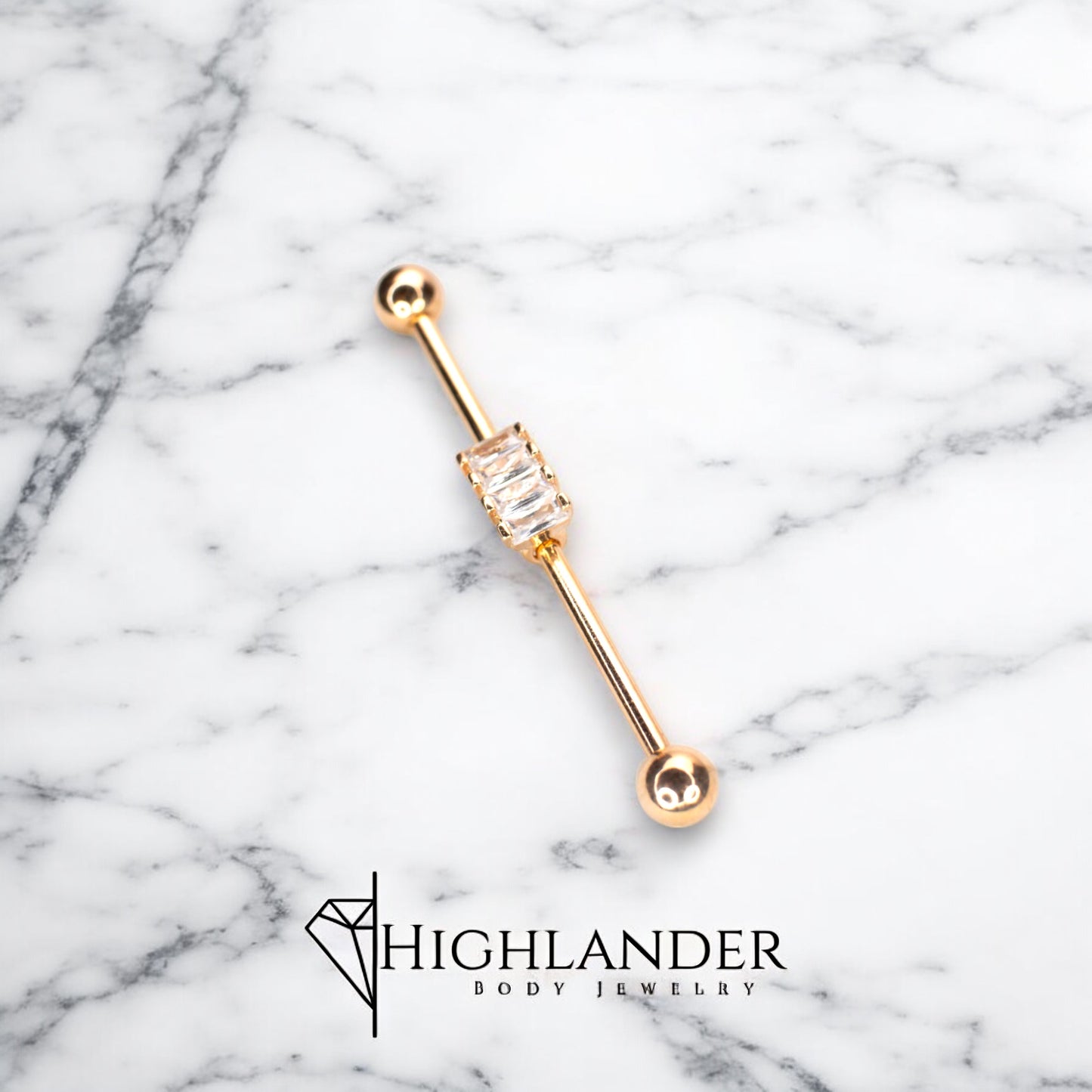 Rose Gold IP Four Baguette Cut Clear CZ Industrial Barbell