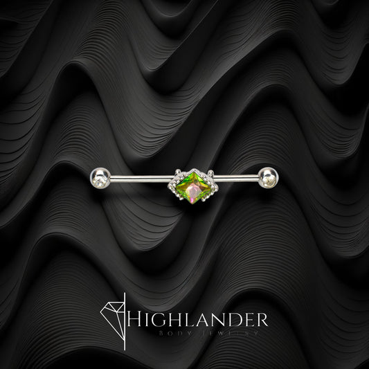 Dark Vitrail Diamond with Clear CZ Industrial Barbell