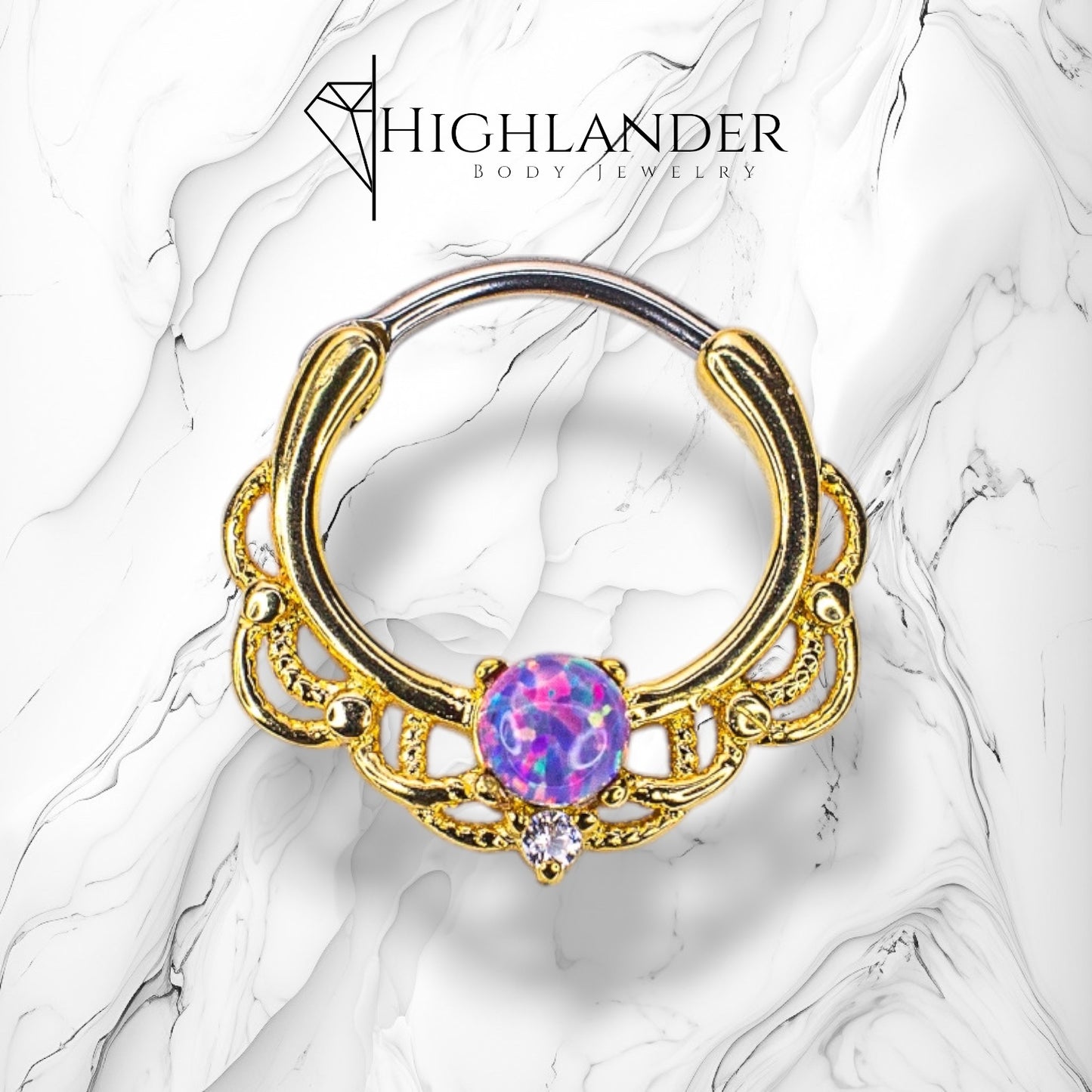 Gold Purple Opal Centered Filigree Septum Clicker Ring