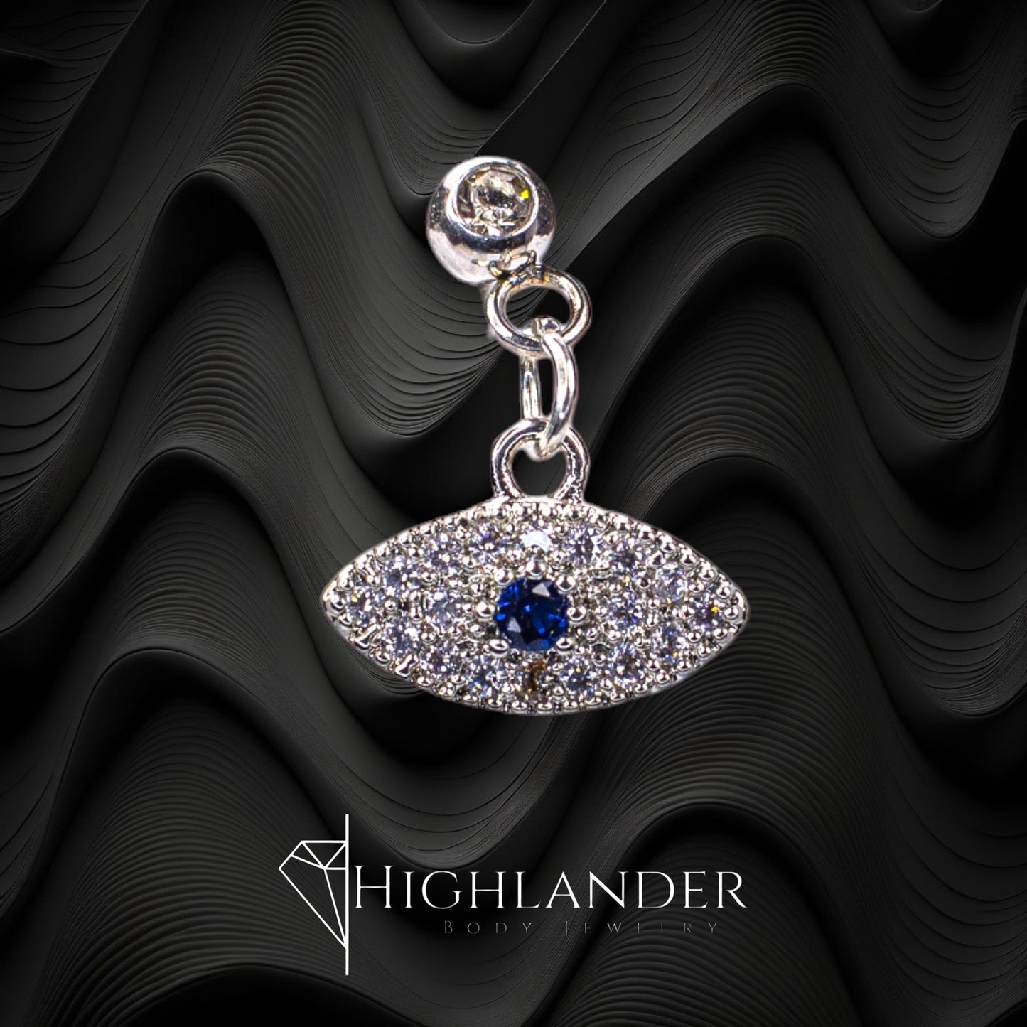 Clear CZ with Sapphire CZ Paved Eye Dangle Eyebrow Curved Barbell