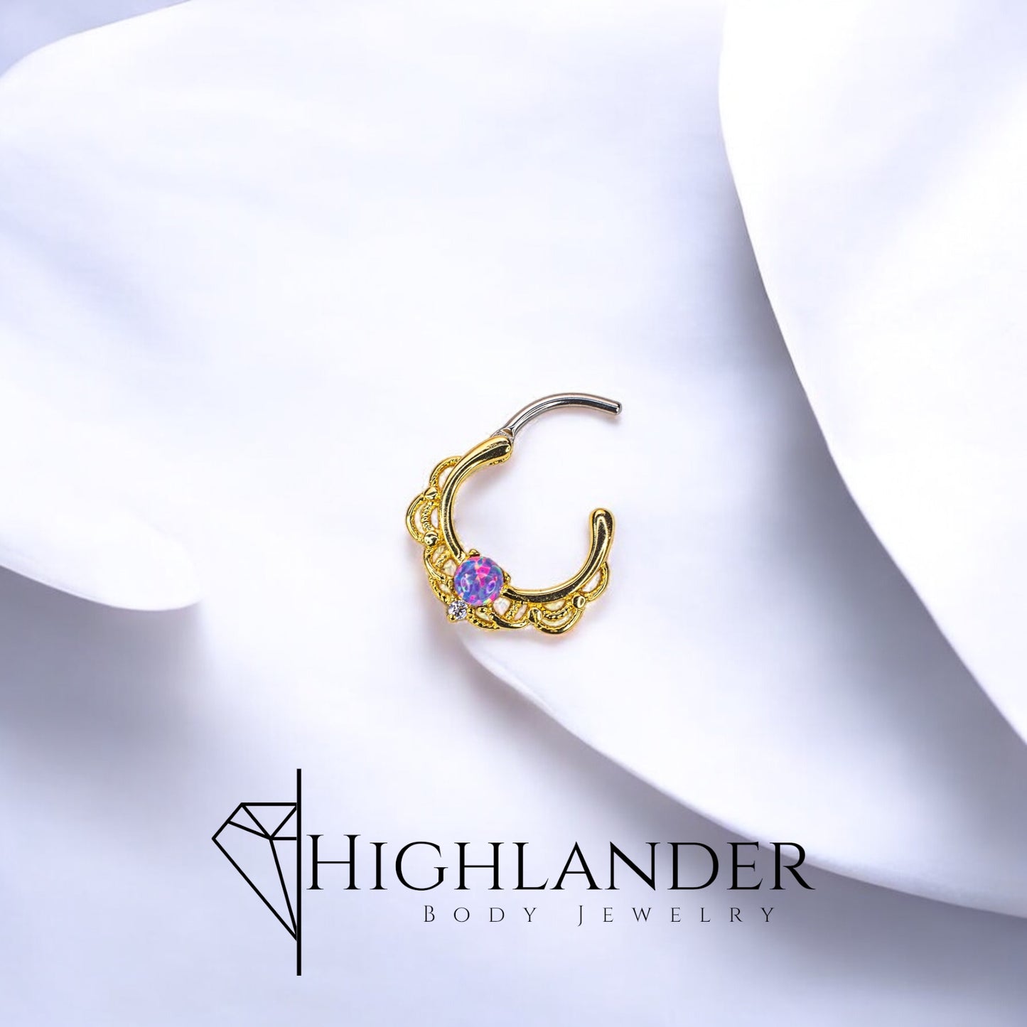 Gold Purple Opal Centered Filigree Septum Clicker Ring