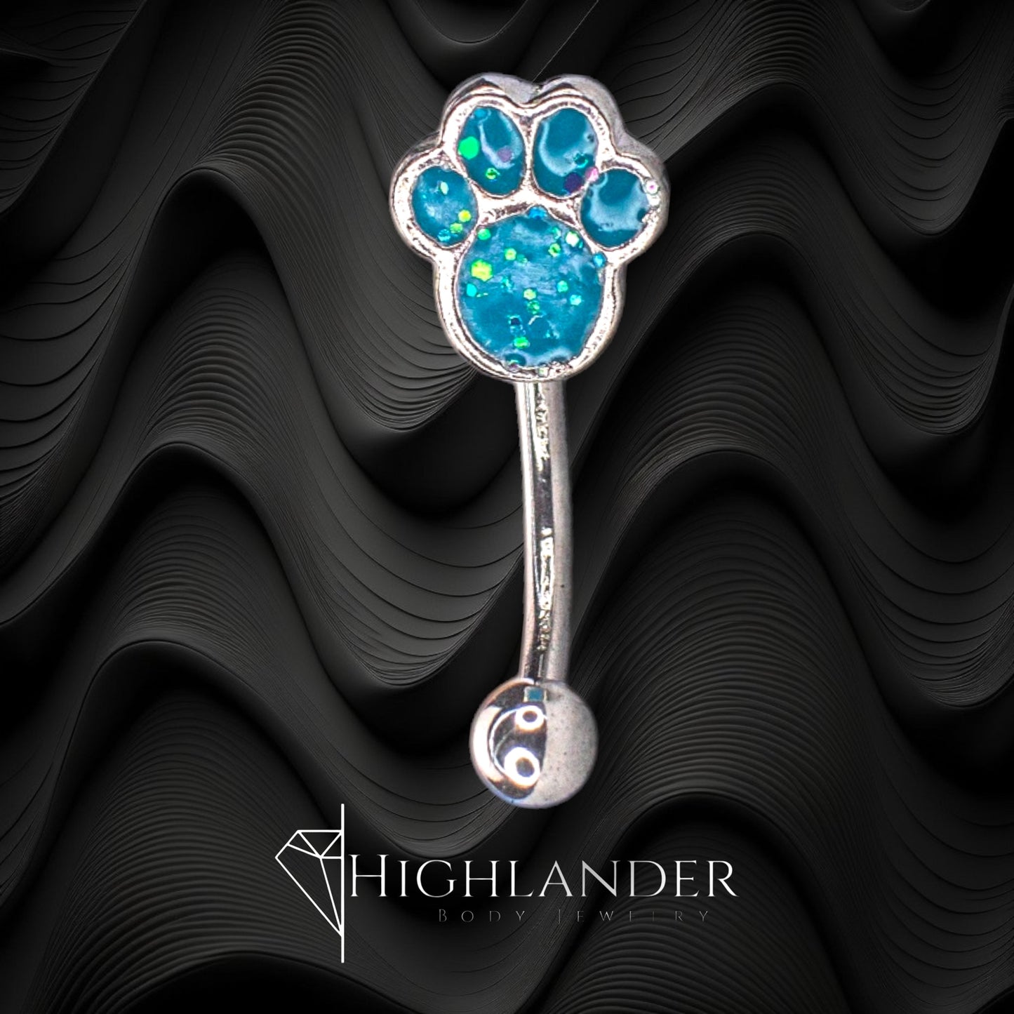 Aqua Glitter Paw Eyebrow Curved Barbell