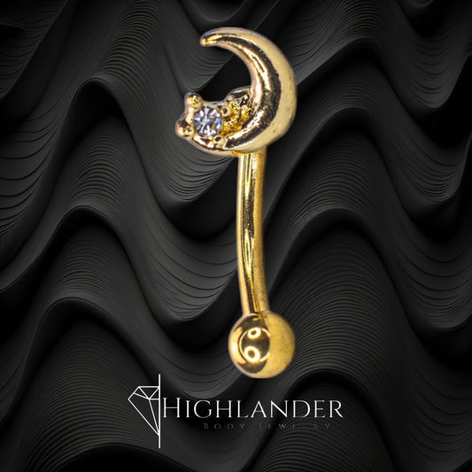 Gold Crescent Moon with Clear CZ Eyebrow Curved Barbell