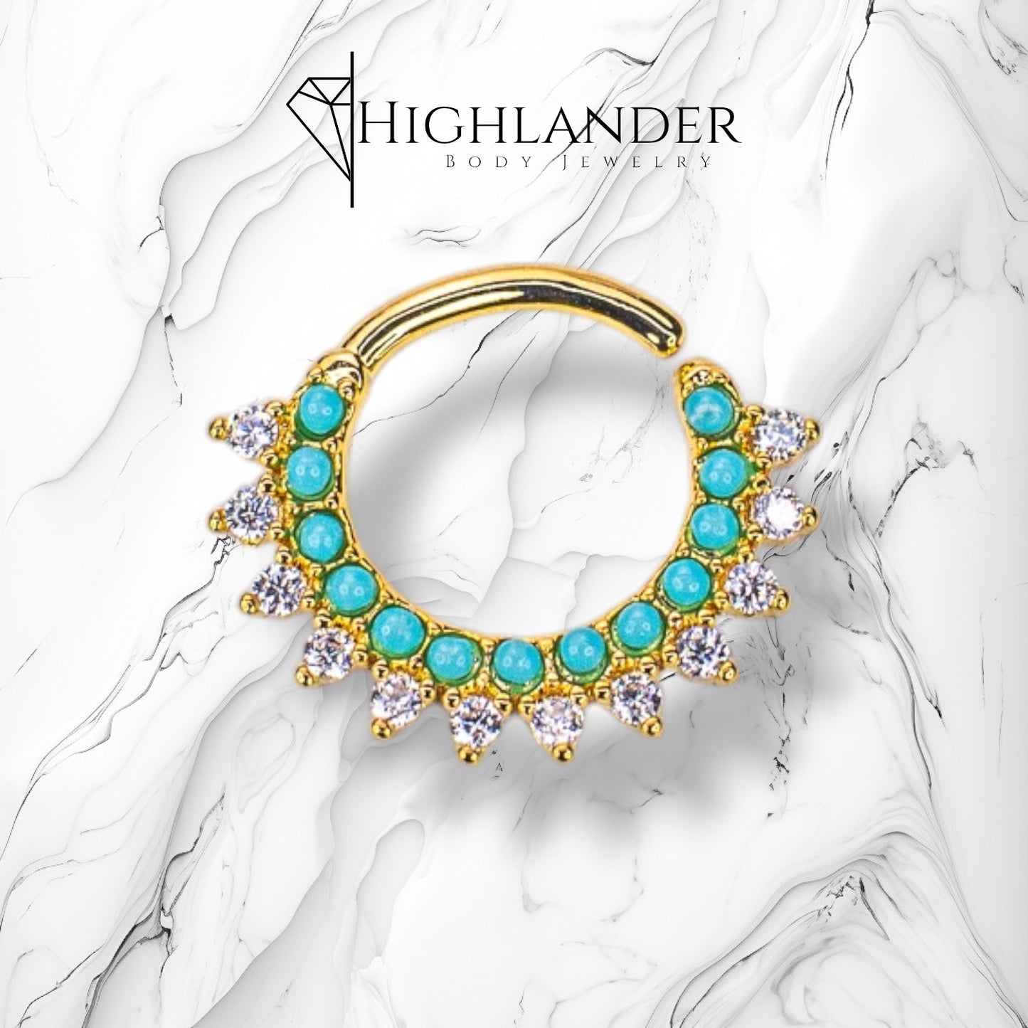 Gold Turquoise and Clear CZ Bendable Septum Ring